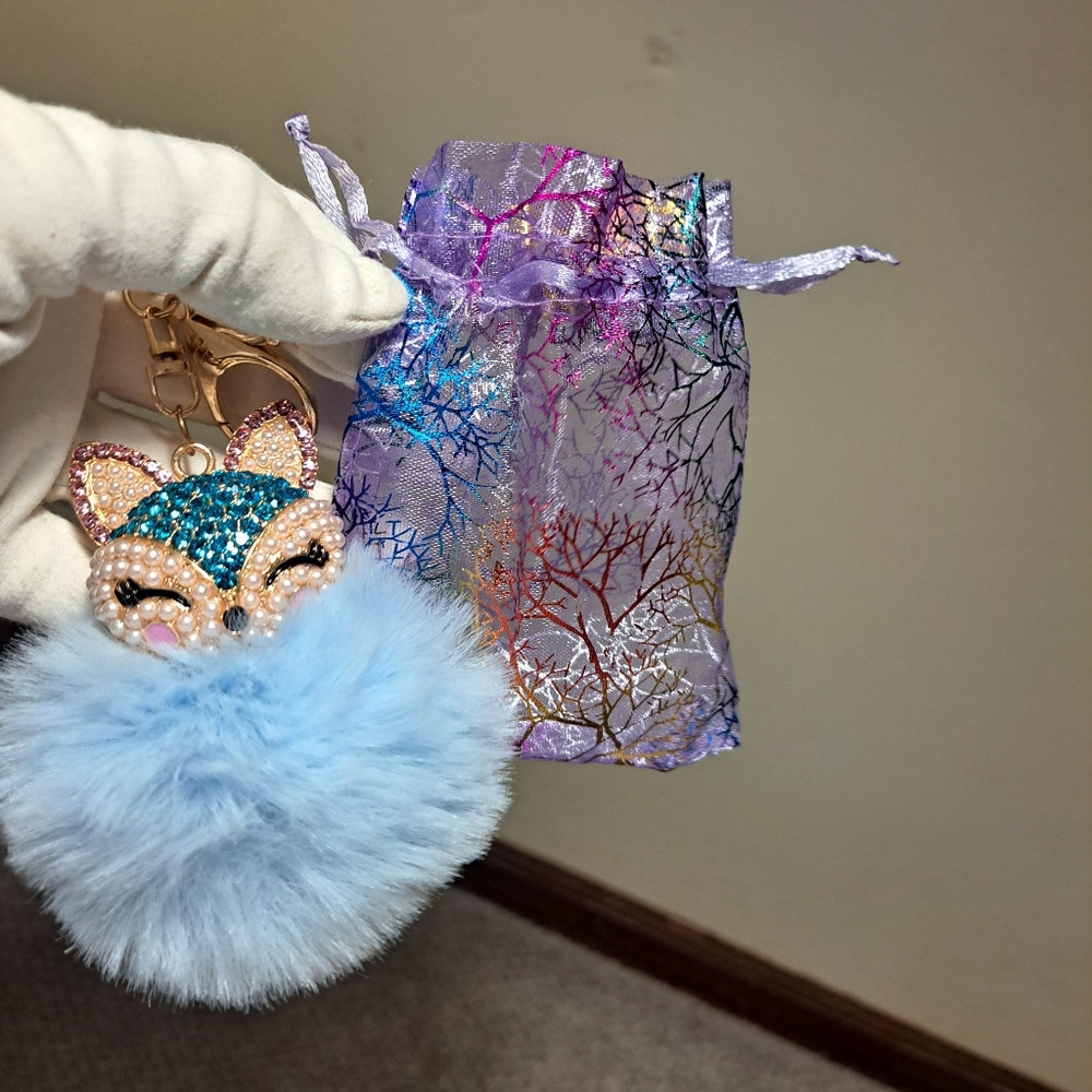 Blue Foxy Keychain, Rhinestones blue, clear, soft Plushy Pompom